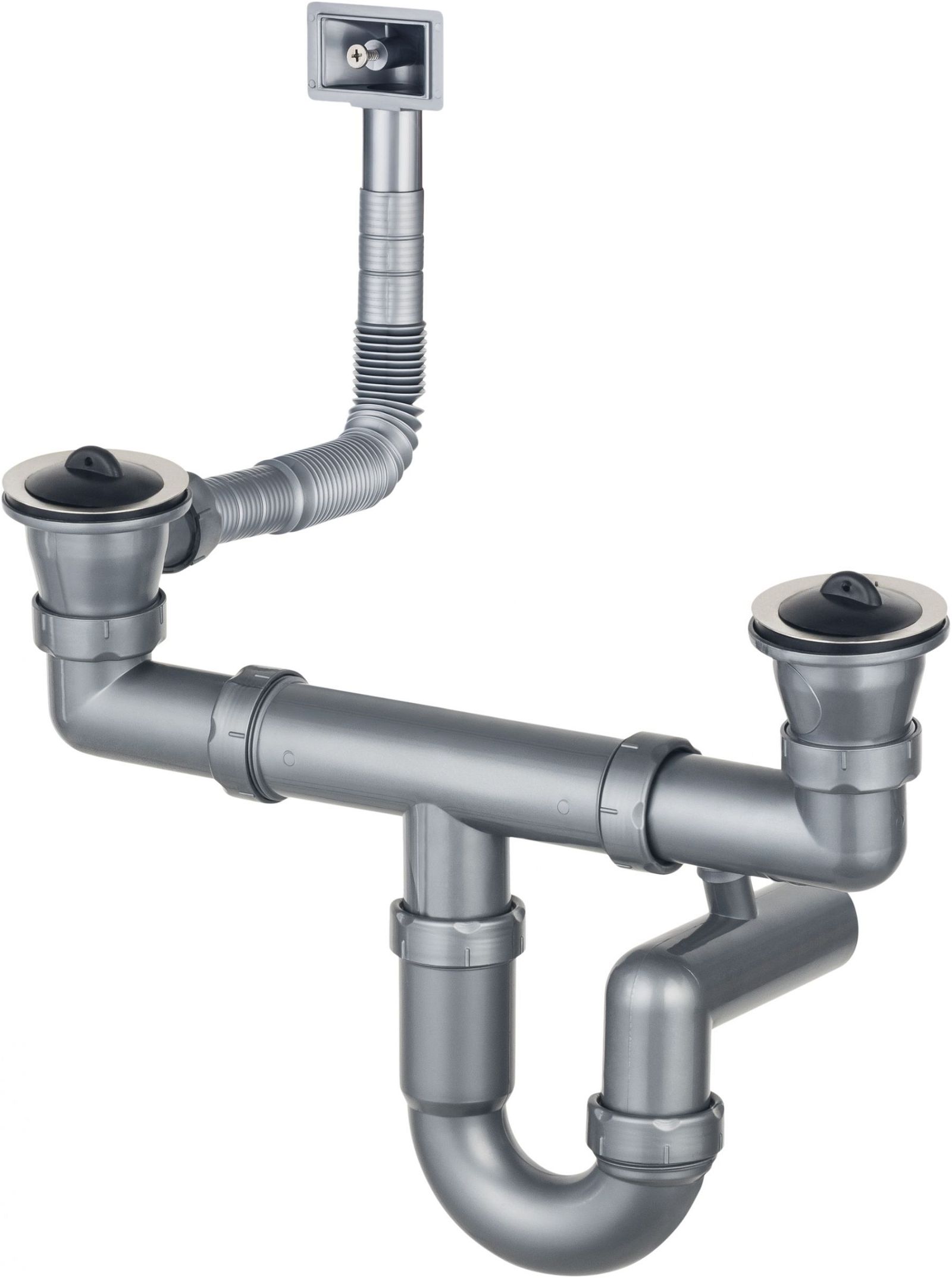 Lay-on steel sink waste kit, 2-bowl - 2" drain - ZXY_9924 - Główne zdjęcie produktowe
